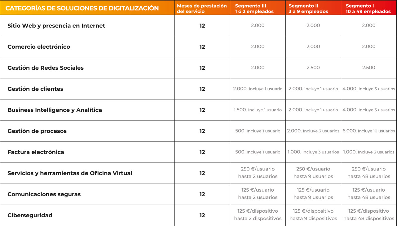 Importes máximos de subvenciones para digitalización de empresas